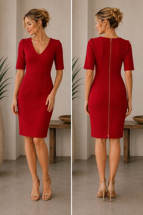 bebe Dresses & Skirts - bebe Red Fitted V-Neck Short Sleeve Sheath Dress